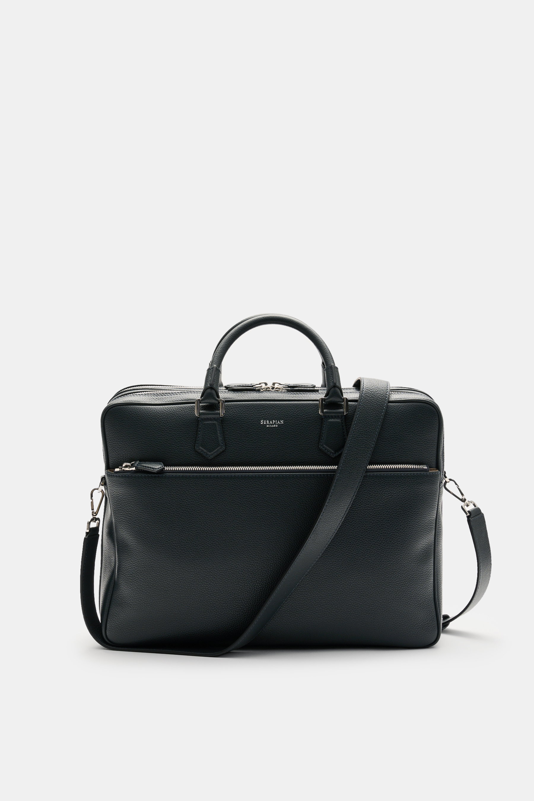 Front view of Serapian Briefcase dark navy in distinctively grained calf leather with silver hardware, carry handles, and adjustable shoulder strap.

Description: <p>Exquisite leather quality and first-class manufacturing combine in this briefcase from SE