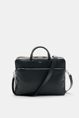 Front view of Serapian Briefcase dark navy in distinctively grained calf leather with silver hardware, carry handles, and adjustable shoulder strap.

Description: <p>Exquisite leather quality and first-class manufacturing combine in this briefcase from SE