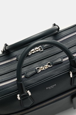 Close-up top view of Serapian Briefcase dark navy showing distinctively grained calf leather, silver hardware, robust handles, and zippered compartments.