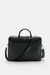 Serapian Aktentasche dark navy aus markant genarbtem Kalbleder, silberfarbener Hardware, Frontfach, Tragegriffen und abnehmbarem Schultergurt, frontale Ansicht.