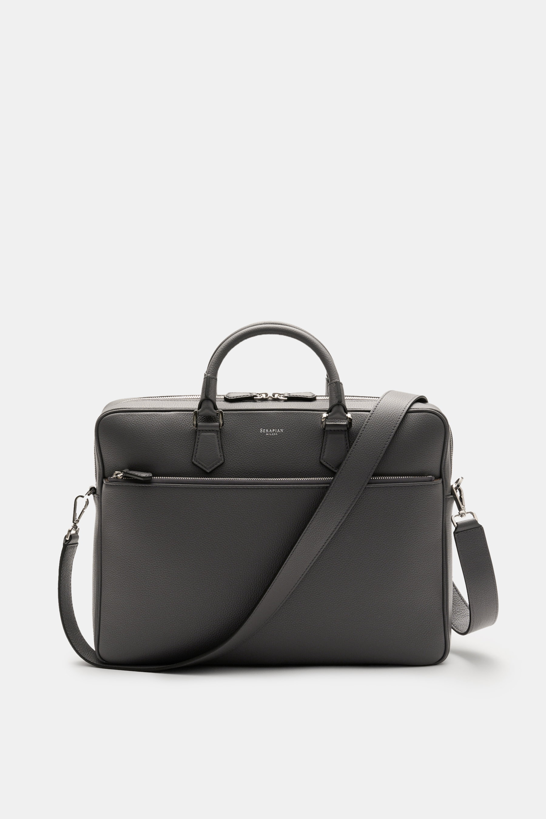 Front view of Serapian Briefcase grey in soft, distinctively grained calf leather with silver hardware, robust handles, adjustable strap, and zip compartments.