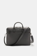 Front view of Serapian Briefcase grey in soft, distinctively grained calf leather with silver hardware, robust handles, adjustable strap, and zip compartments.