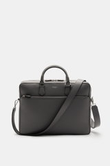 Front view of Serapian Briefcase grey in soft, distinctively grained calf leather with silver hardware, robust handles, adjustable strap, and zip compartments.