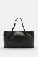 Front view of Serapian Shopper schwarz in black cashmere leather with mosaic pattern, silver hardware, adjustable handles, and spacious compartments.