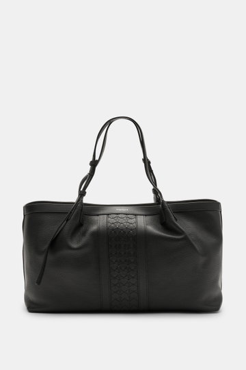 Serapian Shopper schwarz, frontal von oben fotografiert, gewalktes Cashmere-Leder, Mosaico-Muster, silberfarbene Hardware, zwei Hauptfächer, Steckfächer, Logoprägung.