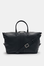 Front view of the Serapian Weekender navy, a spacious travel bag crafted from luxurious cashmere calf leather with woven 'Mosaico' inserts. Features silver hardware, robust handles, adjustable and removable shoulder strap, two-way zipper, roomy main compa