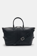 Front view of the Serapian Weekender navy, a spacious travel bag crafted from luxurious cashmere calf leather with woven 'Mosaico' inserts. Features silver hardware, robust handles, adjustable and removable shoulder strap, two-way zipper, roomy main compa