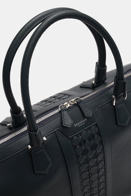 Close-up top-front view of the Serapian Weekender navy, a luxurious navy travel bag in cashmere leather with woven 'Mosaico' inserts, silver hardware, and robust handles.

Description: Luxuriös ausgestattet für Business- und Freizeitreisen: Gefertigt aus 
