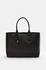 Tom Ford Shopper schwarz, frontal fotografiert, aus genarbtem Kalbleder mit silberner Hardware, Schlüssel-Schloss-Kombination, geräumig und elegant.