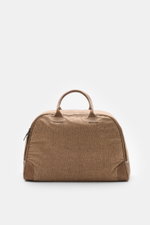 04651/ A trip in a bag Weekender '356-Bag Tweed' beige/taupe kariert, frontale Ansicht, Textil und Leder, robuste Griffe, kofferartige Öffnung, Maße 56x35x20 cm.