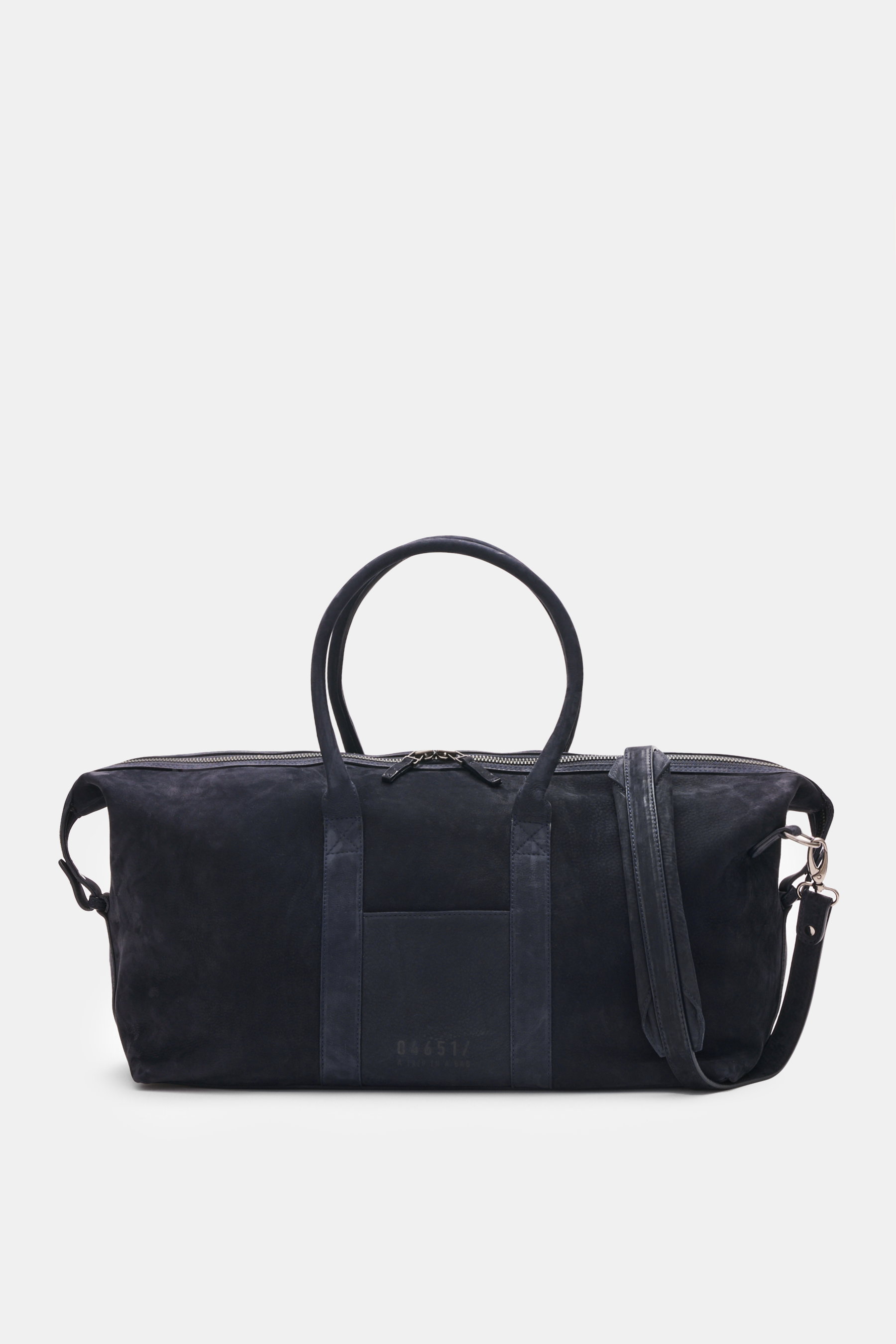 04651/ A trip in a bag Weekender '3-Day Bag' navy aus geschmeidigem Veloursleder, frontal mit Griffen, verstellbare Größe, Schultergurt, anthrazit Hardware.