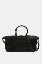 Schwarzer 04651/ A trip in a bag Weekender '3-Day Bag' aus Veloursleder, frontal mit Griffen, verstellbarem Schultergurt, Zipper und Logoprägung.