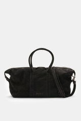 Schwarzer 04651/ A trip in a bag Weekender '3-Day Bag' aus Veloursleder, frontal mit Griffen, verstellbarem Schultergurt, Zipper und Logoprägung.