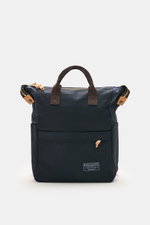Manifattura Ceccarelli Rucksack 'Laptop' navy, frontale Ansicht, reine Baumwolle, goldfarbene Hardware, verstellbare Riemen, robust, mit Logo-Patch, Außenfach, Laptopfach, herausnehmbares Innenfach.