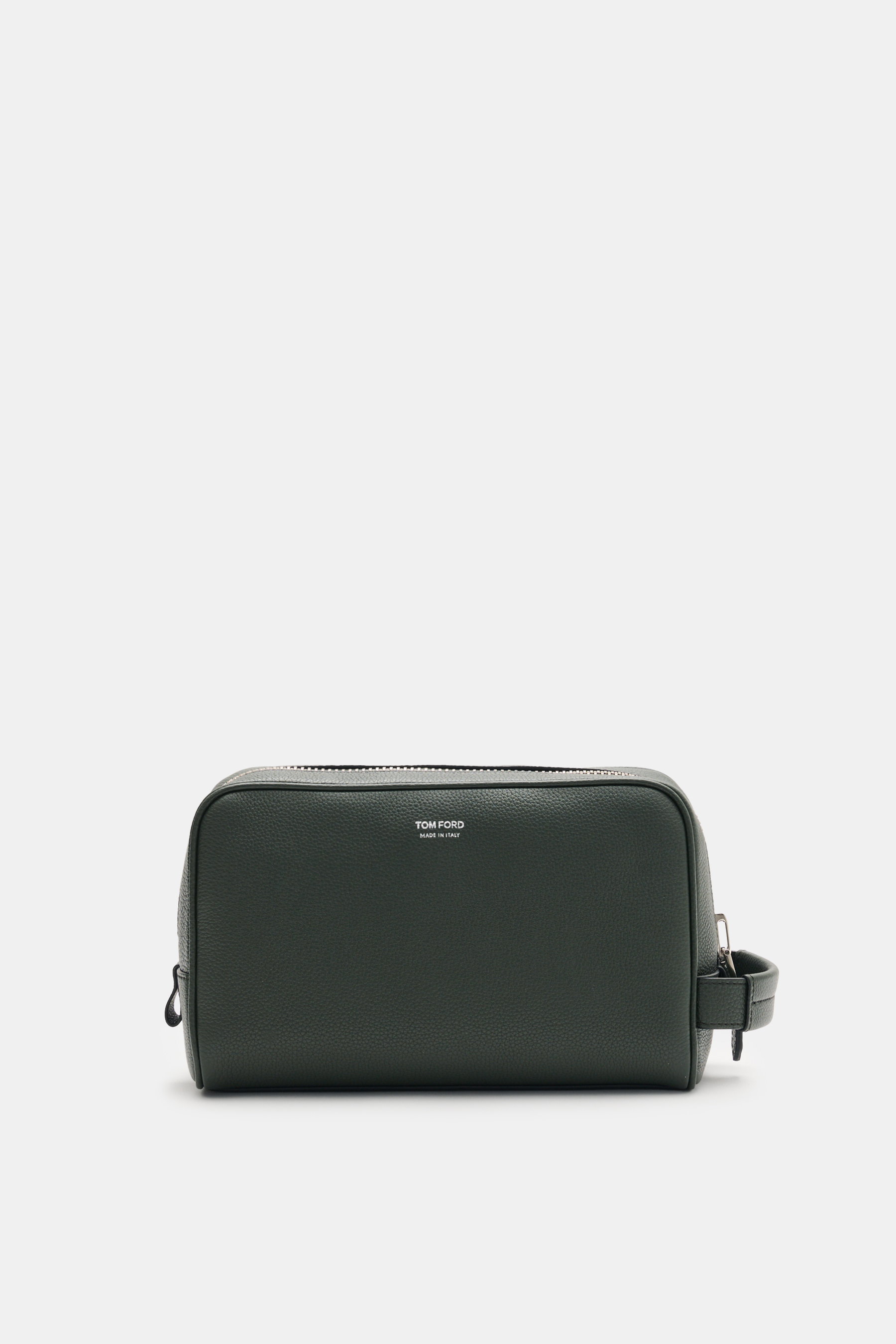 Tom Ford Toiletries bag dark green, front view, grained calfskin with TOM FORD embossing, silver hardware, carry loop, zip compartments, 25.5x16x12 cm. <p>This sophisticated toiletries bag by <span class="hover:entity-accent entity-underline inline cursor
