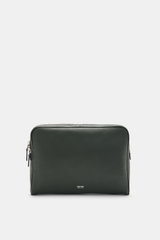 Front view of Tom Ford Laptop sleeve dark green in grained calfskin with embossed logo, silver hardware, spacious compartments, 35x25x6 cm.