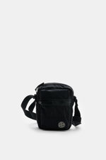 Stone Island Crossbody Bag 'Marsupio Tracolla' black shown from front view, compact microfiber bag with multiple compartments, adjustable strap, zipper and snap-button pockets, and signature patch, approx. 16x19x5 cm, practical and stylish for urban every