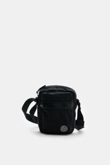Stone Island Crossbody Bag 'Marsupio Tracolla' black shown from front view, compact microfiber bag with multiple compartments, adjustable strap, zipper and snap-button pockets, and signature patch, approx. 16x19x5 cm, practical and stylish for urban every