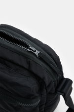 Close-up top-down view of the Stone Island Crossbody Bag 'Marsupio Tracolla' black showing the high-quality microfiber fabric and YKK zipper, featuring a robust adjustable strap and compact design perfect for urban everyday life. Practical and stylish at 