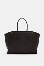 Front view of The Row Tote bag 'Marlo' dark brown, a stylish all-rounder with finely grained leather, spacious main compartment, one zippered inner pocket, two slip pockets, embossed logo, and soft cotton lining, dimensions approx. 43 cm x 20 cm x 31 cm.