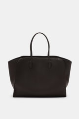 Front view of The Row Tote bag 'Marlo' dark brown, a stylish all-rounder with finely grained leather, spacious main compartment, one zippered inner pocket, two slip pockets, embossed logo, and soft cotton lining, dimensions approx. 43 cm x 20 cm x 31 cm.