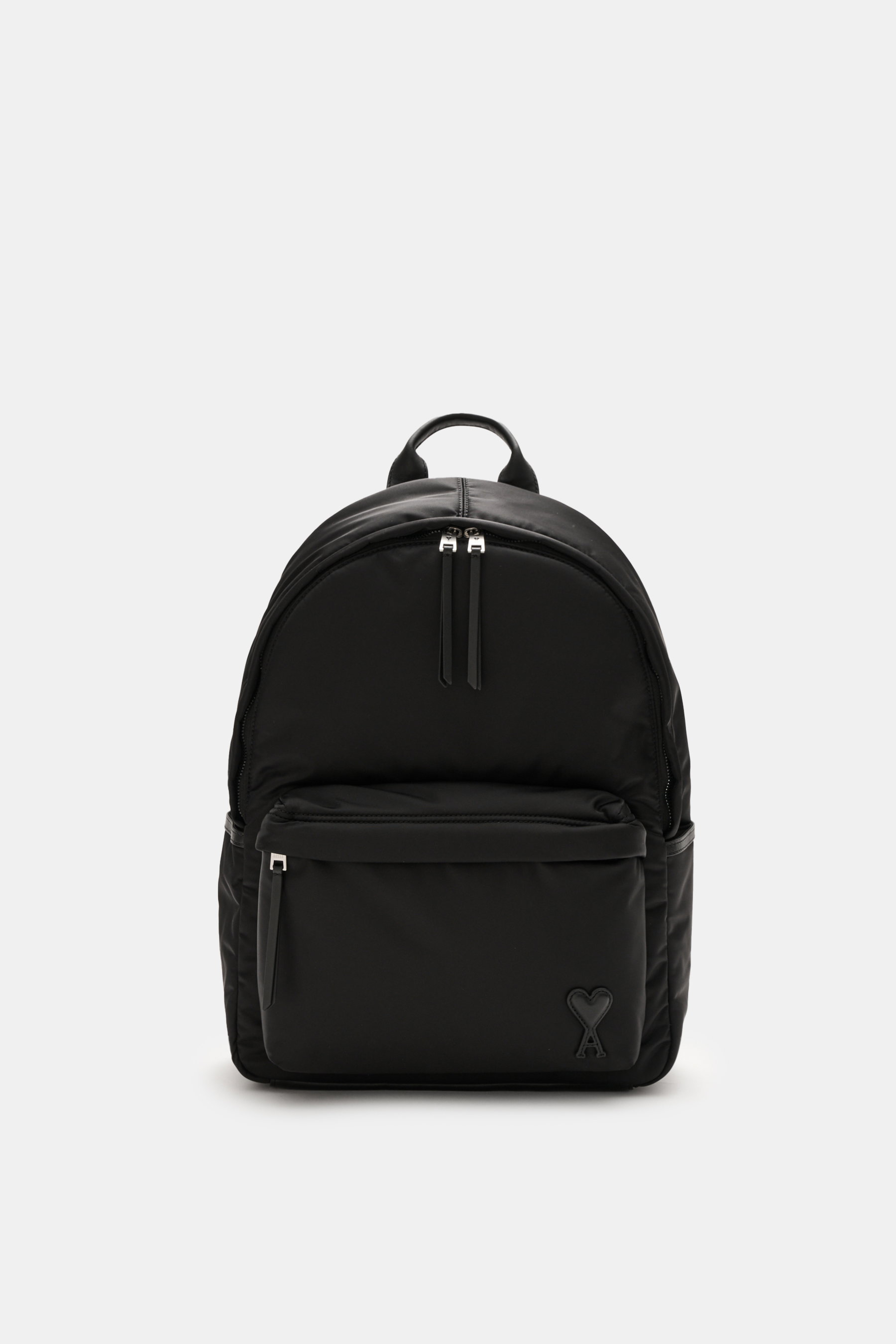 Front view of Ami Paris Backpack 'Marcel' black in water-repellent microfiber canvas, smooth leather details, silver hardware, padded straps.