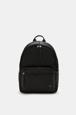 Front view of Ami Paris Backpack 'Marcel' black in water-repellent microfiber canvas, smooth leather details, silver hardware, padded straps.