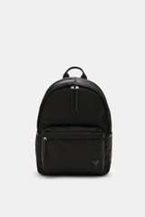 Front view of Ami Paris Backpack 'Marcel' black in water-repellent microfiber canvas, smooth leather details, silver hardware, padded straps.