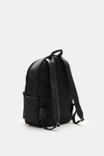 Ami Paris Backpack 'Marcel' black shown from the back with adjustable padded shoulder straps, smooth handle, water-repellent canvas, silver hardware, smooth leather details, large front pocket with zipper, two side pockets, main compartment with two-way z