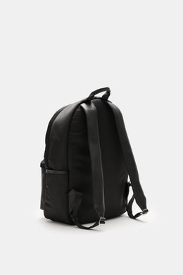 Ami Paris Backpack 'Marcel' black shown from the back with adjustable padded shoulder straps, smooth handle, water-repellent canvas, silver hardware, smooth leather details, large front pocket with zipper, two side pockets, main compartment with two-way z
