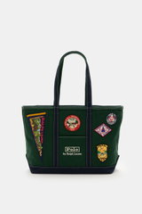 Polo Ralph Lauren Shopper dunkelgrün/navy, frontal fotografiert, Canvas aus reiner Baumwolle, strapazierfähige Tragegriffe, Außentasche, Stick-Logo, Patch-Details, Hauptfach mit Zipper, zwei Innenfächer, ungefüttert, ca. 57x34x19 cm.