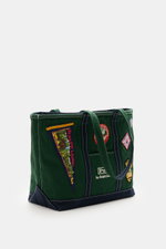 Polo Ralph Lauren Shopper dunkelgrün/navy, seitliche Ansicht, Canvas aus reiner Baumwolle, strapazierfähige Tragegriffe, Außentasche, Stick-Logo, Patch-Details, geräumiges Hauptfach mit Zipper, zwei Innenfächer, ungefüttert, Maße ca. 57x34x19 cm.