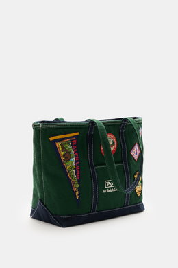 Polo Ralph Lauren Shopper dunkelgrün/navy, seitliche Ansicht, Canvas aus reiner Baumwolle, strapazierfähige Tragegriffe, Außentasche, Stick-Logo, Patch-Details, geräumiges Hauptfach mit Zipper, zwei Innenfächer, ungefüttert, Maße ca. 57x34x19 cm.