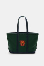 Polo Ralph Lauren Shopper dunkelgrün/navy, Frontansicht, Canvas aus Baumwolle, strapazierfähige Griffe, Außentasche, Stick-Logo, Patch-Details, Hauptfach mit Zipper, 2 Innenfächer, ungefüttert, ca. 57x34x19 cm.