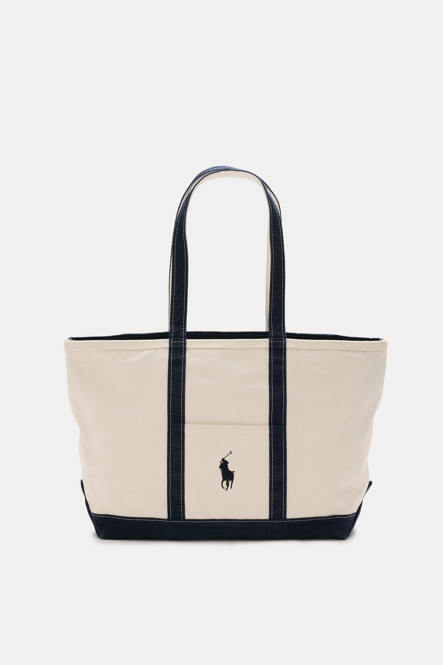 Front view of Polo Ralph Lauren Shopper cream/navy tote bag, canvas pure cotton, durable textile handles, one outer pocket, embroidered logo, spacious main compartment with sturdy zipper, two inner pockets, unlined, dimensions approx. 57 cm x 34 cm x 19 c