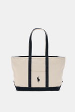 Polo Ralph Lauren Shopper creme/navy aus Canvas mit Stick-Logo, robusten Tragegriffen, Außentasche, Innenfächern, ungefüttert, frontal fotografiert.