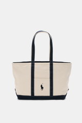 Polo Ralph Lauren Shopper creme/navy aus Canvas mit Stick-Logo, robusten Tragegriffen, Außentasche, Innenfächern, ungefüttert, frontal fotografiert.