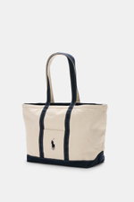 Polo Ralph Lauren Shopper creme/navy aus Canvas Baumwolle, seitlich fotografiert, mit robusten Tragegriffen, Außentasche, Stick-Logo, zwei Innenfächern, Zipper, Maße ca. 57x34x19 cm.