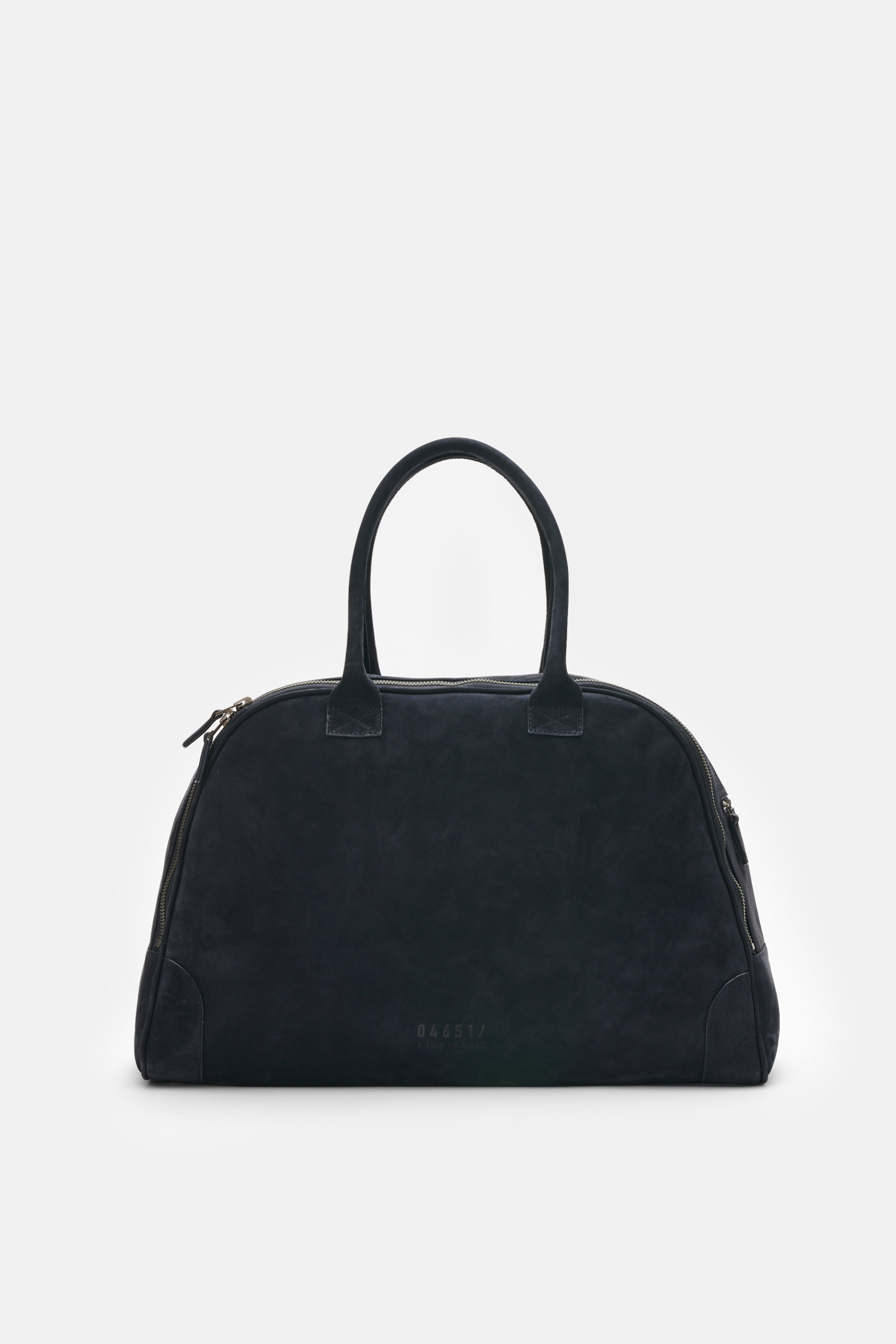Front view of the 04651/ A trip in a bag Weekender '356 Bag' navy in supple suede with silver hardware, robust handles, and embossed logo.