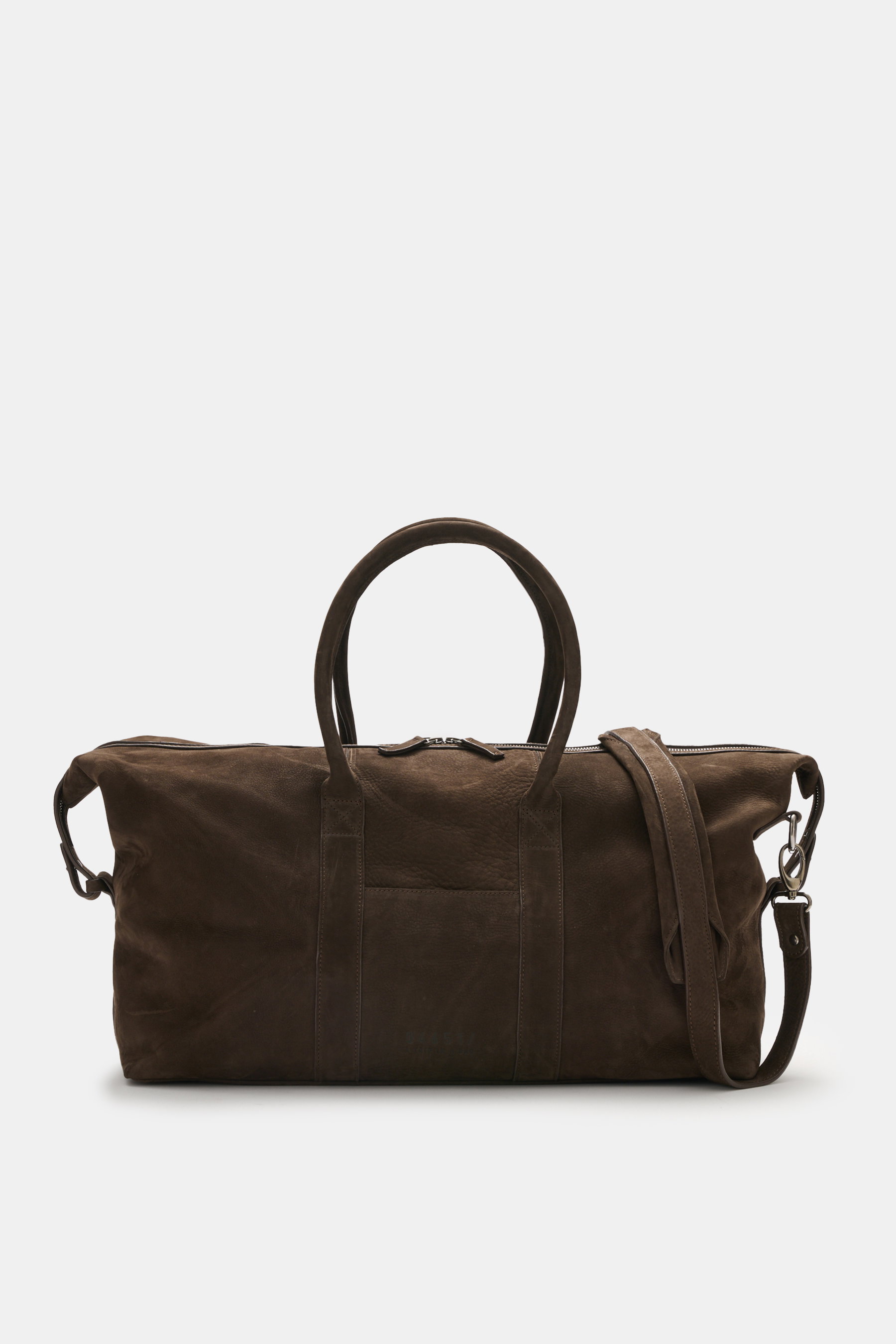 04651/ A trip in a bag Weekender "3 Day Bag" dunkelbraun aus geschmeidigem Nubukleder, Sicht von vorne mit robusten Tragegriffen, silberfarbener Hardware, Zwei-Wege-Reißverschluss, 04651/-Prägung, kleinem Adressfach, geräumigem Hauptfach, Textilfutter, Zi