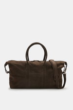 Front view of the 04651/ A trip in a bag Weekender '3 Day Bag' dark brown made of soft nubuck leather, featuring silver-colored hardware, robust carrying handles, a two-way zipper, 04651/- embossing on the front, a small address compartment, spacious main