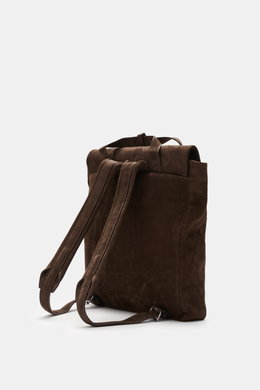 04651/ A trip in a bag Rucksack 'Hybrid Tote' dunkelbraun aus weichem Nubukleder, Rückansicht mit Tragegriffen und Schulterriemen, Office- und Freizeitbegleiter.