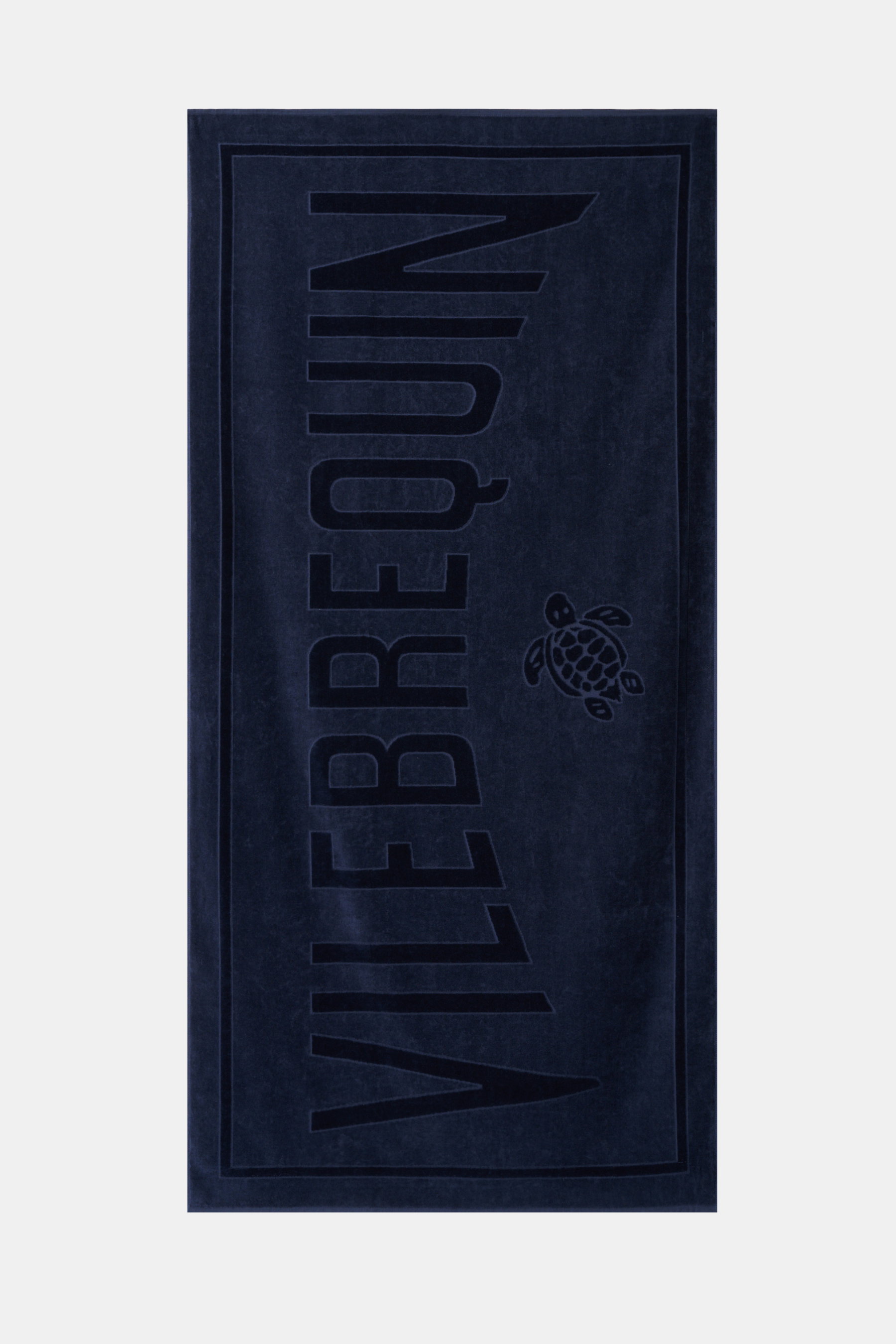 Vilebrequin Strandtuch navy aus softem Baumwoll-Frottée, tonales Logo, Maße 90x180 cm, Ansicht von oben, ideal zum Sonnenbaden.