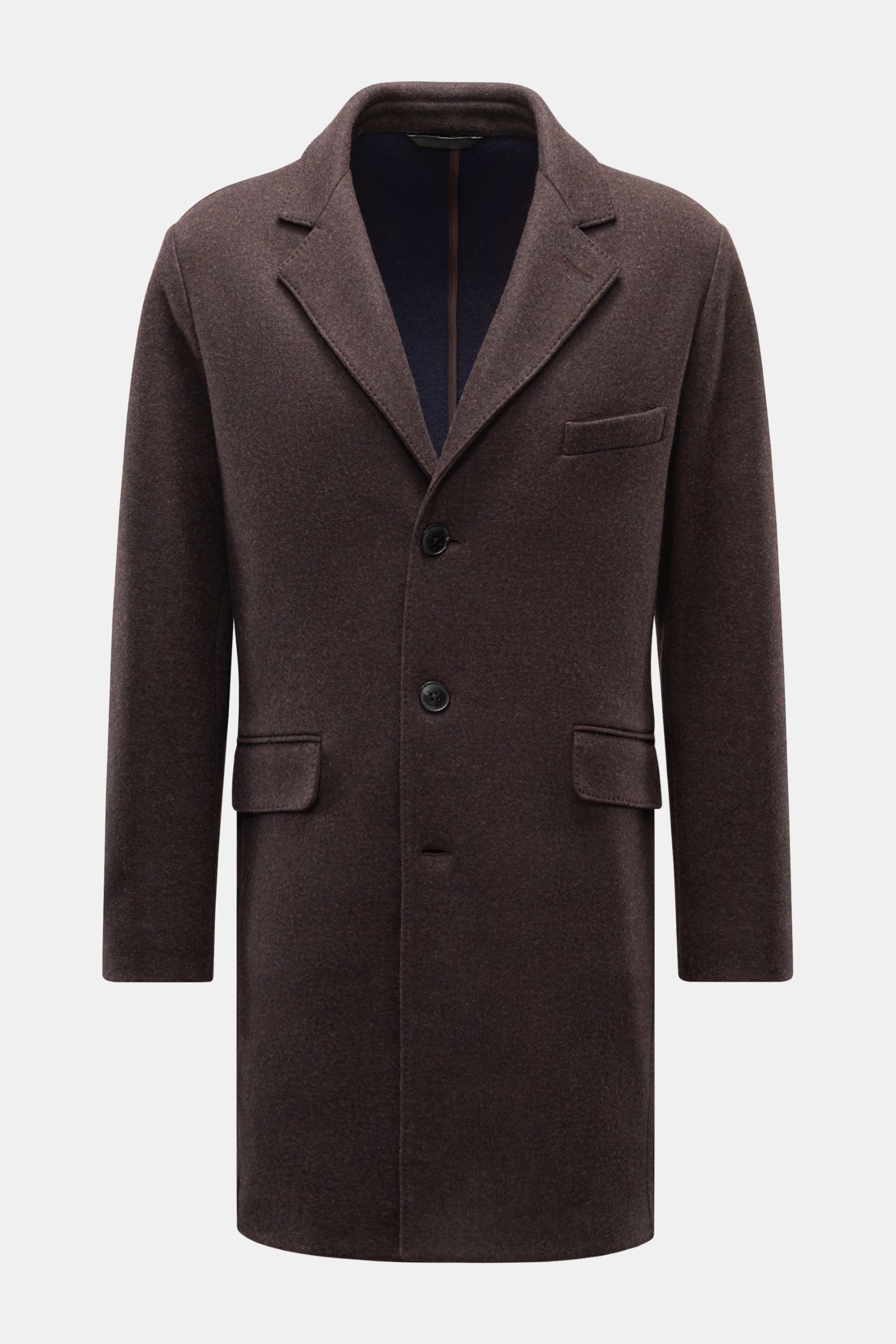 Manzoni 24 Kurzmantel dunkelbraun front view, slim fit short coat made from a soft, lightweight cashmere and wool mix by LORO PIANA. Features three-button closure, notch lapel, classic chest pocket, flap pockets, buttoned sleeve cuffs, rear side vents, tw