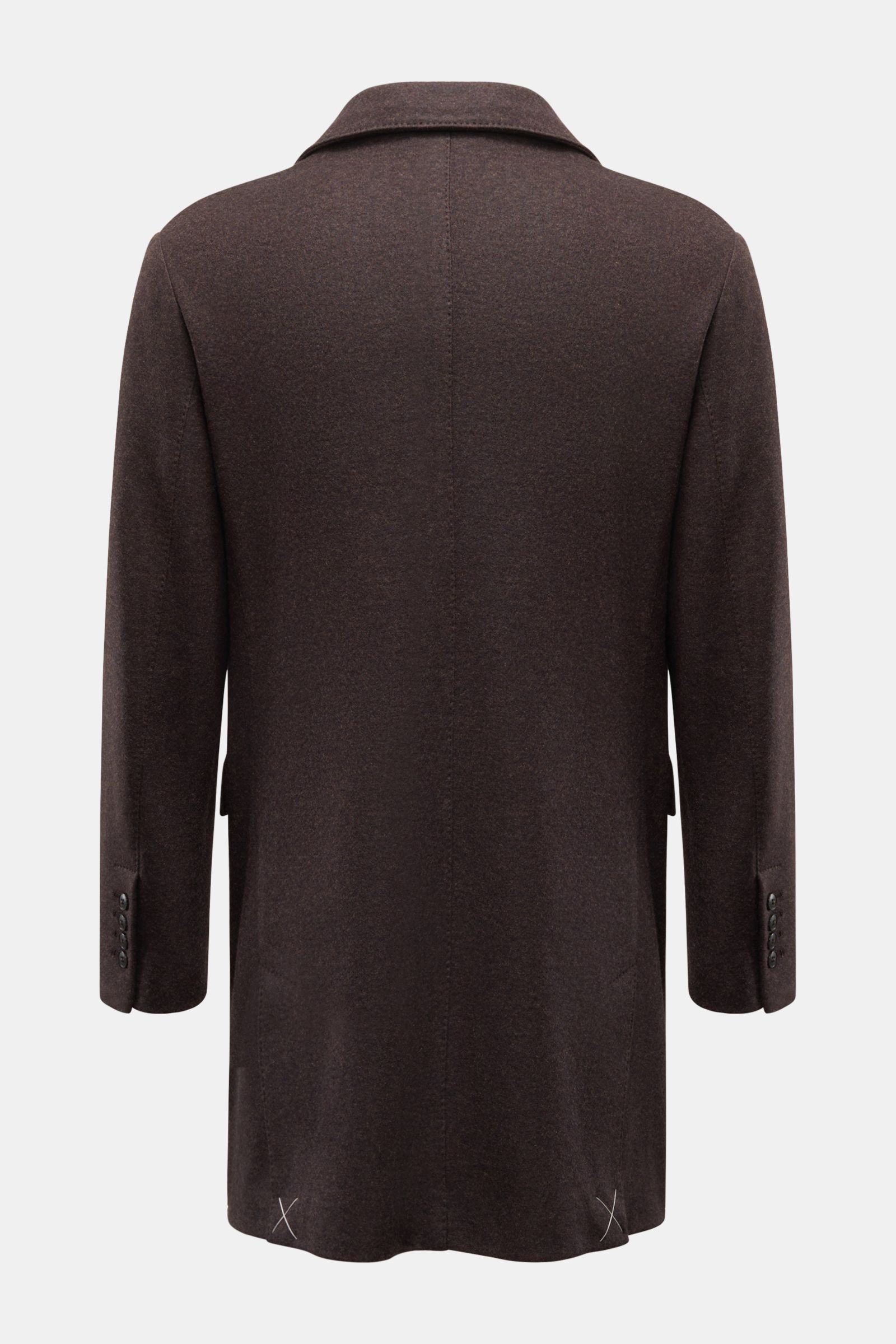 Manzoni 24 Kurzmantel dunkelbraun shown from the back, featuring a mix of cashmere and wool, soft grip, slim fit, three-button closure, and unconstructed design. Mit seiner Expertise für High-end-Wolle ist LORO PIANA der perfekte Kooperationspartner fü