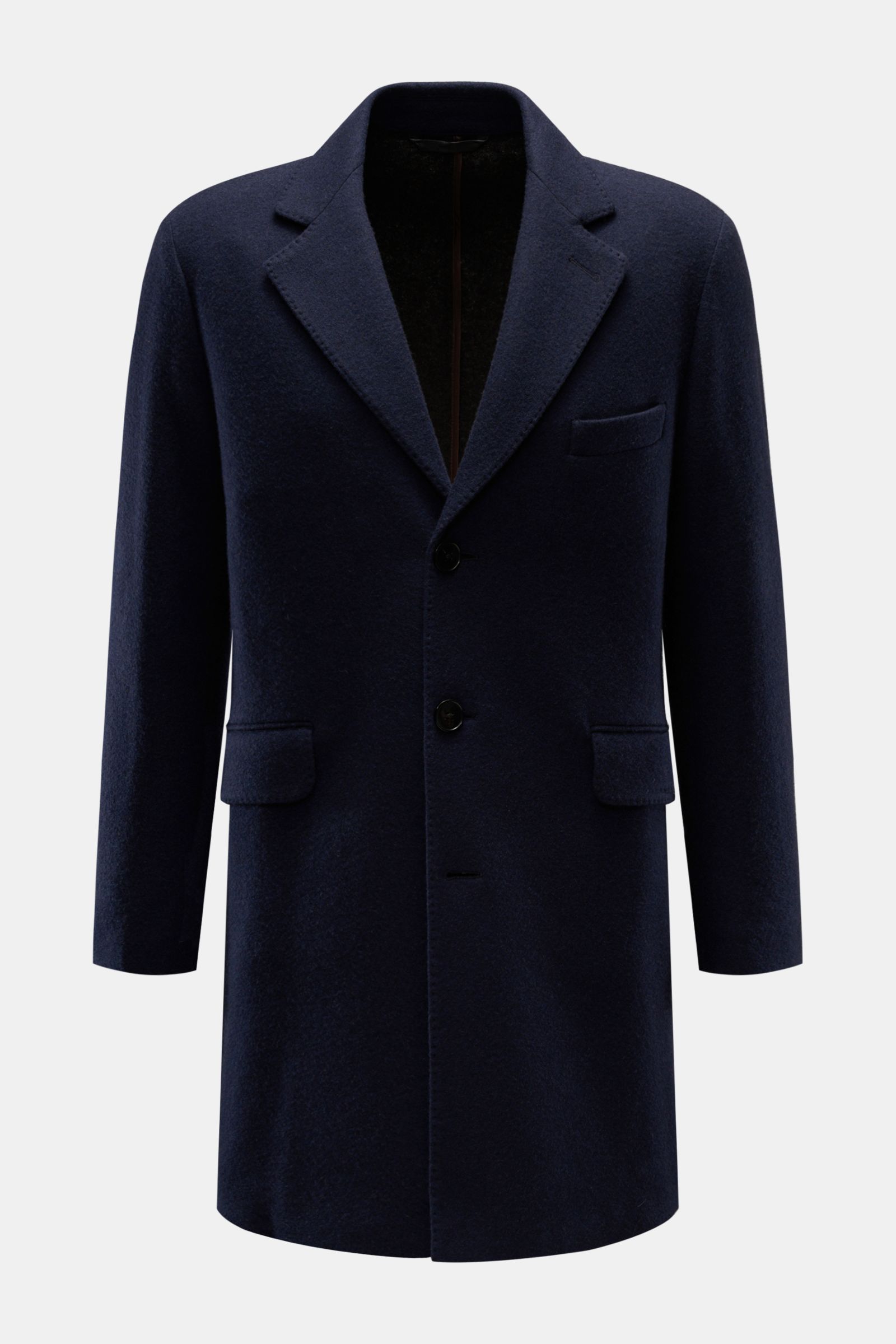 Manzoni 24 Kurzmantel navy, frontal aus leichtem unconstructed Design, Slim Fit, Cashmere-Woll-Mix mit fallendem Revers, Drei-Knopf-Leiste, Pattentaschen.