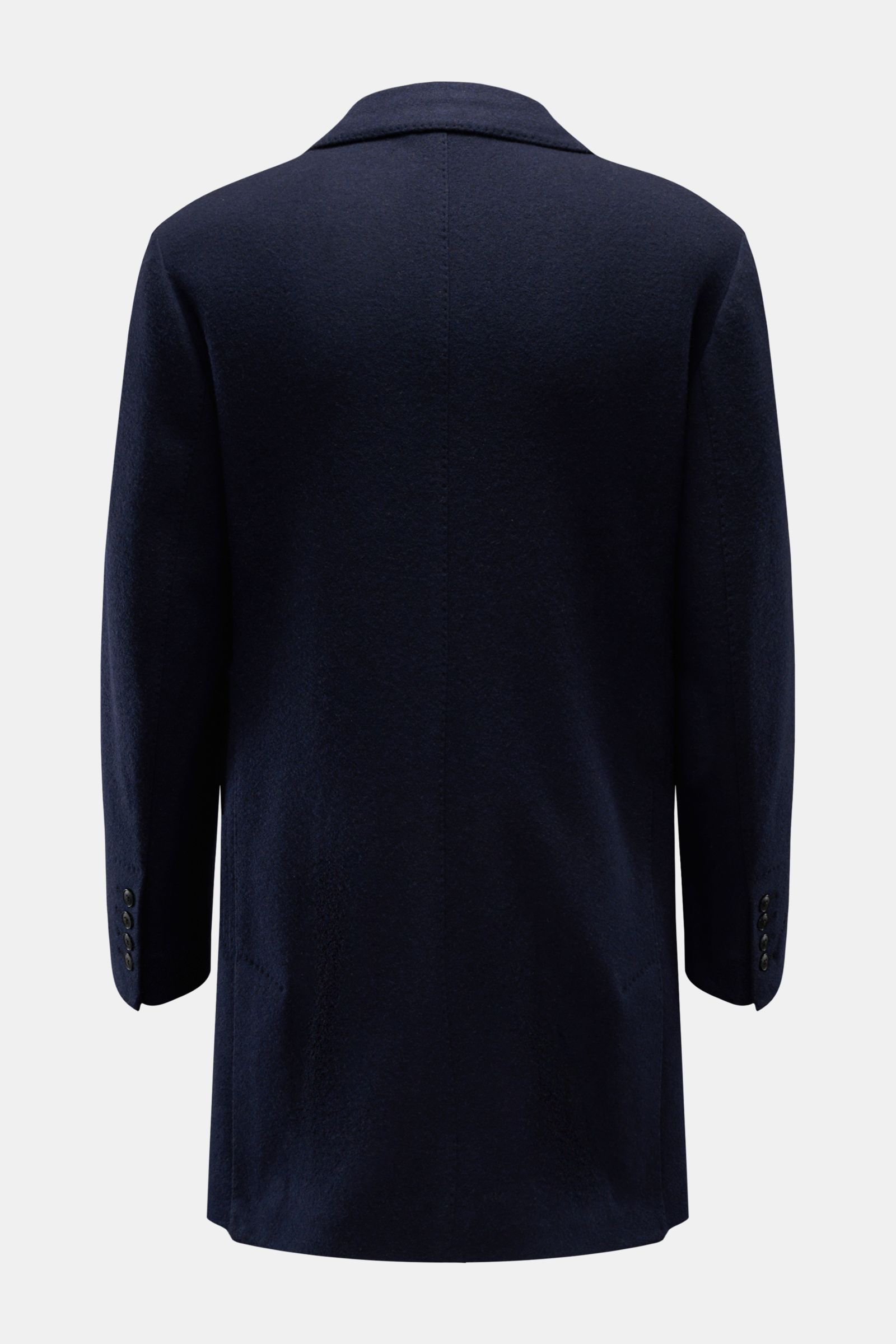 Manzoni 24 Kurzmantel navy, Rückansicht, Slim Fit, aus leichtem Cashmere-Woll-Mix von LORO PIANA, mit fallendem Revers, drei Knöpfen, Pattentaschen, Knopfärmel, Seitenschlitzen und zwei Innentaschen.
