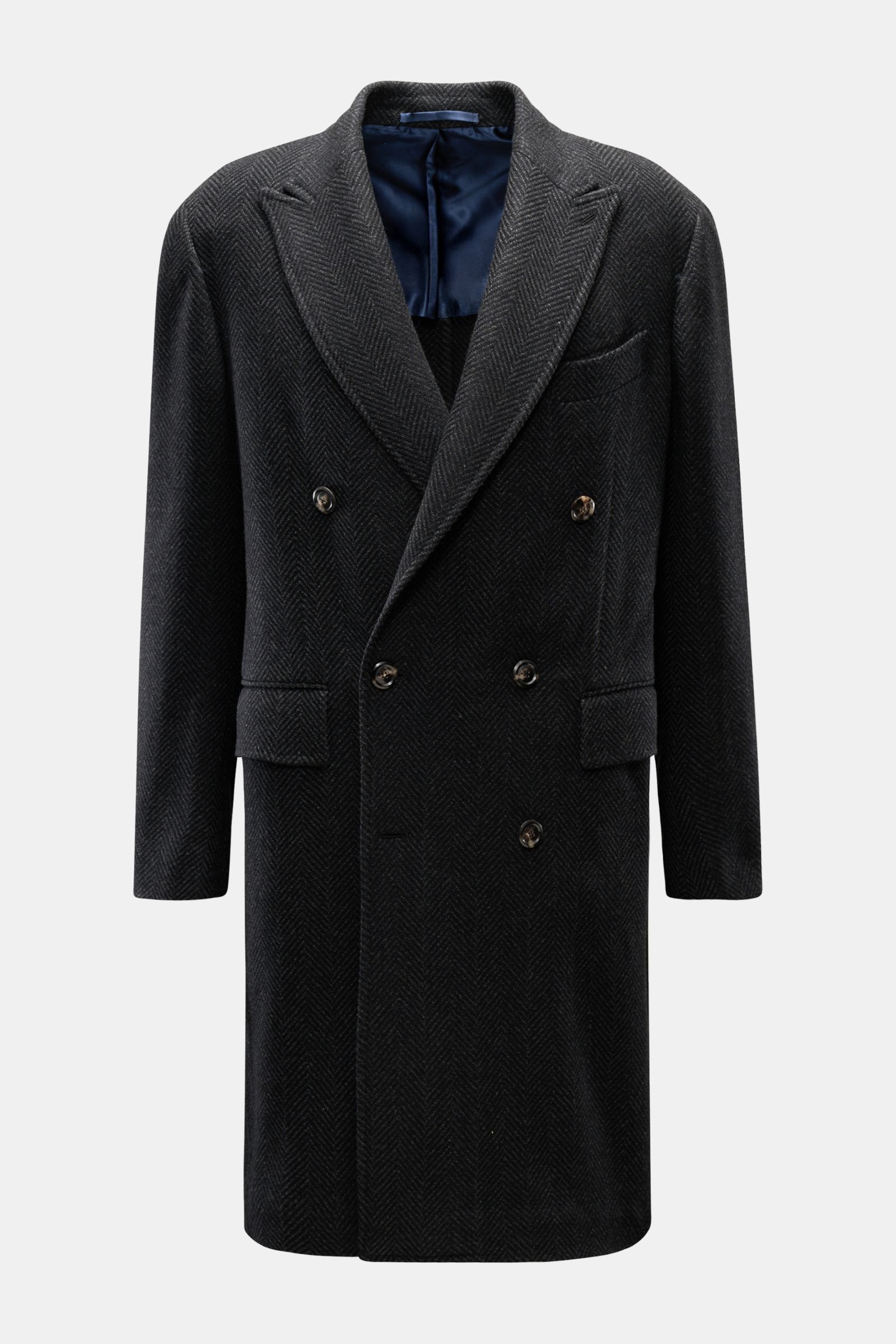 Stile Latino Cashmere Mantel 'Eros' dunkelgrau/schwarz gemustert, Slim Fit, Fischgrat, zweireihig, halb gefüttert, frontal fotografiert.