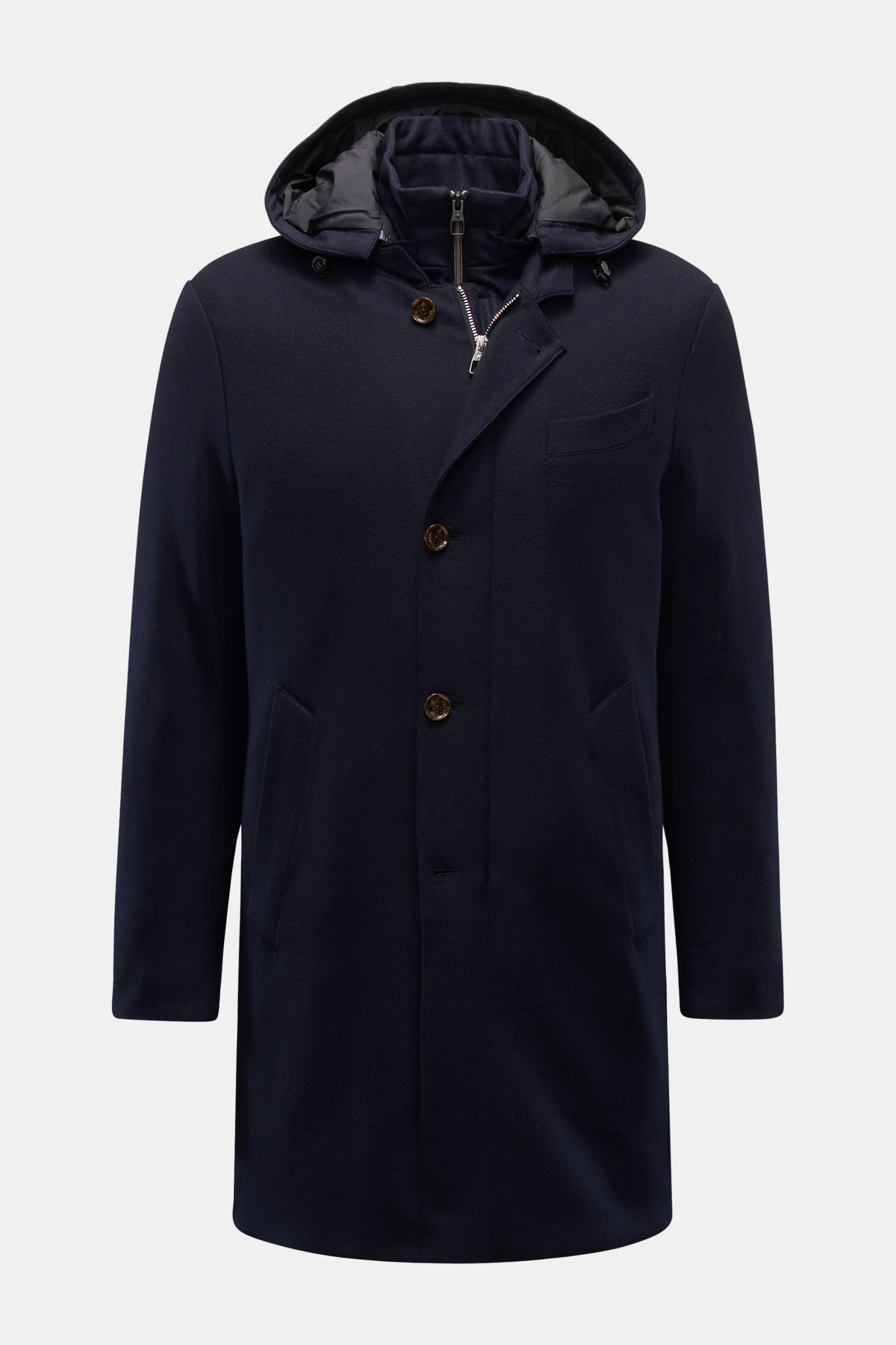 Front view of Montecore Short down coat, navy, showing a slim fit, detachable hood, double front with buttons and zip, and slanted hip pockets.

An elegant essential for winter: This down jacket by MONTECORE is warm and comfortable, with an elegant sil