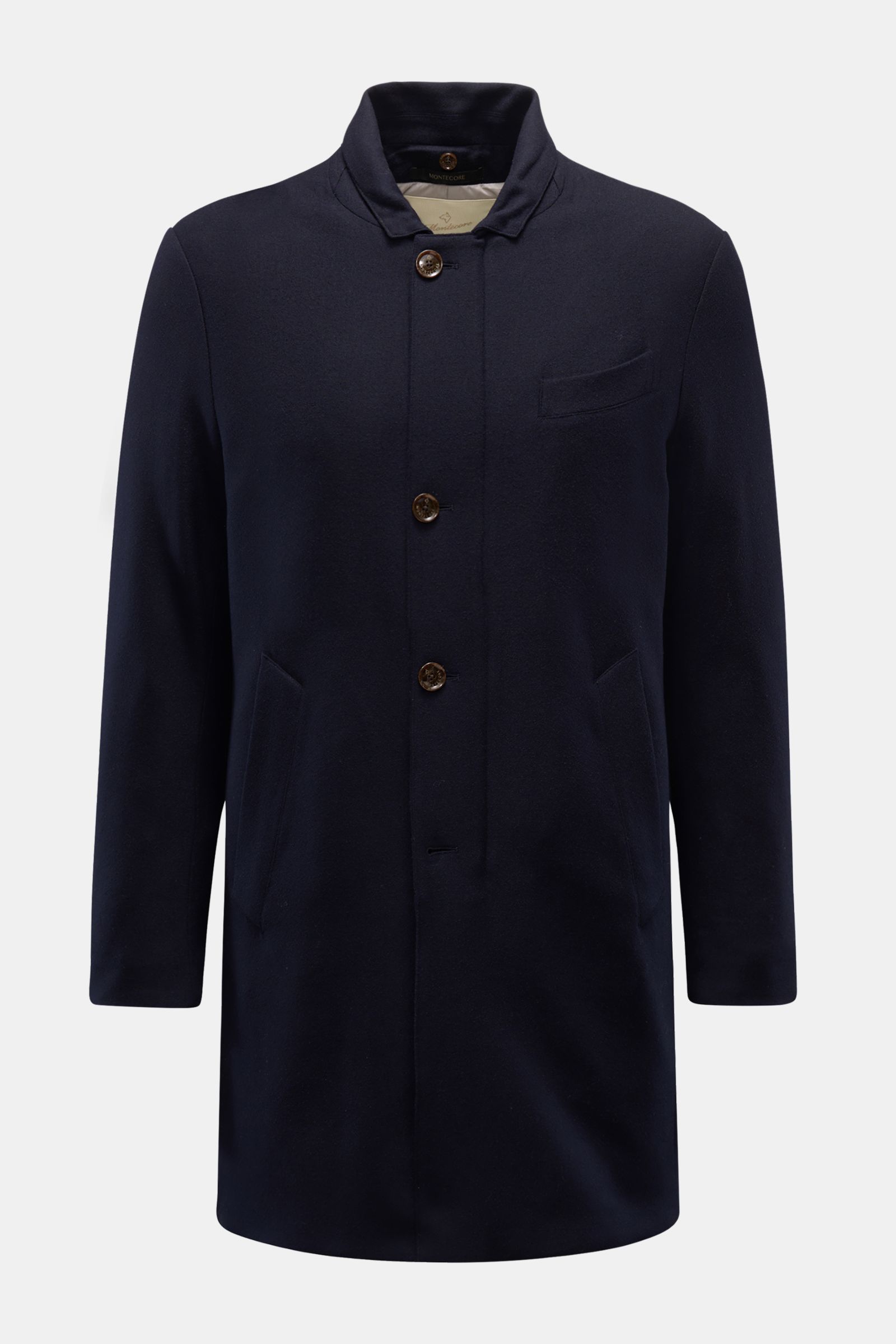 Front view of the Montecore Short down coat, navy, featuring a slim fit, elastic virgin wool, detachable double front and hood, lightweight down lining, and multiple pockets.

Description: An elegant essential for winter: This down jacket by MONTECORE 